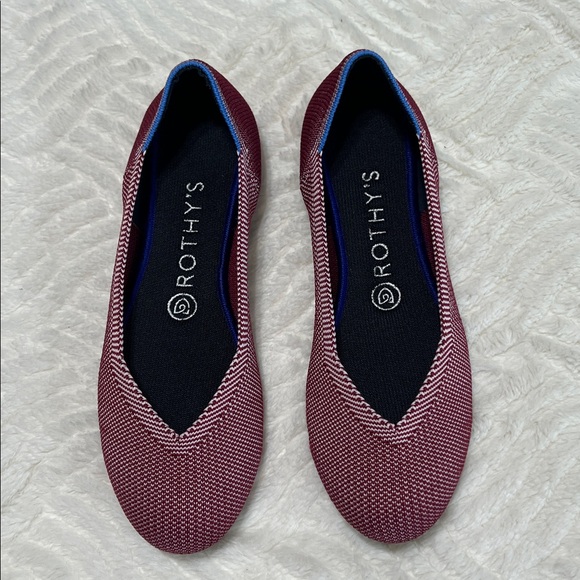 Rothy's Shoes - Rothy’s The Round Toe Flats Berry Red Knit Blue Trim Size 7.5 EUC Washable
